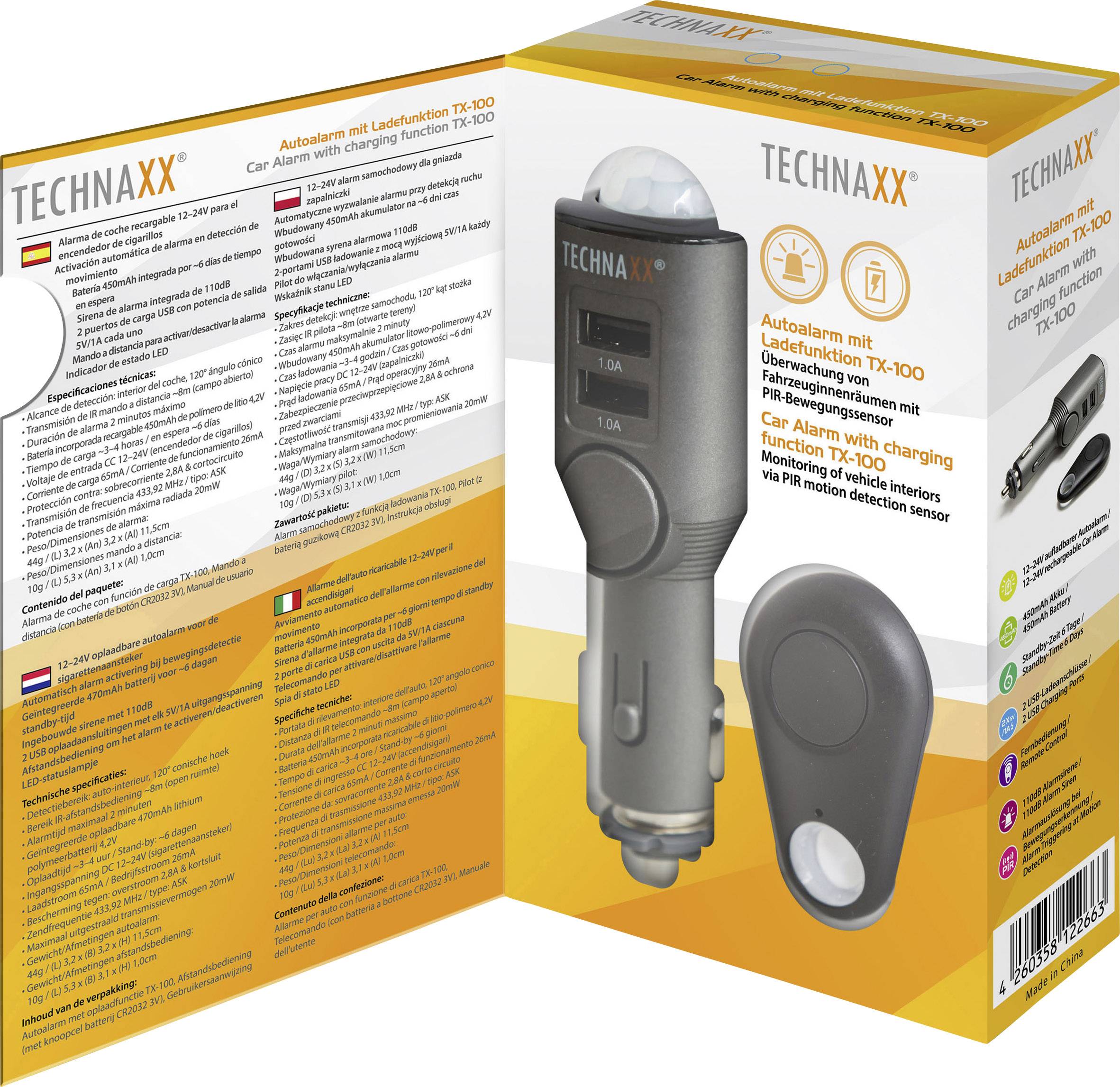 'Technaxx Autoalarm s nabíjecí funkcí TX-100' balení. Zobrazuje zařízení a dálkové ovládání. Popis produktu v němčině, angličtině, francouzštině.