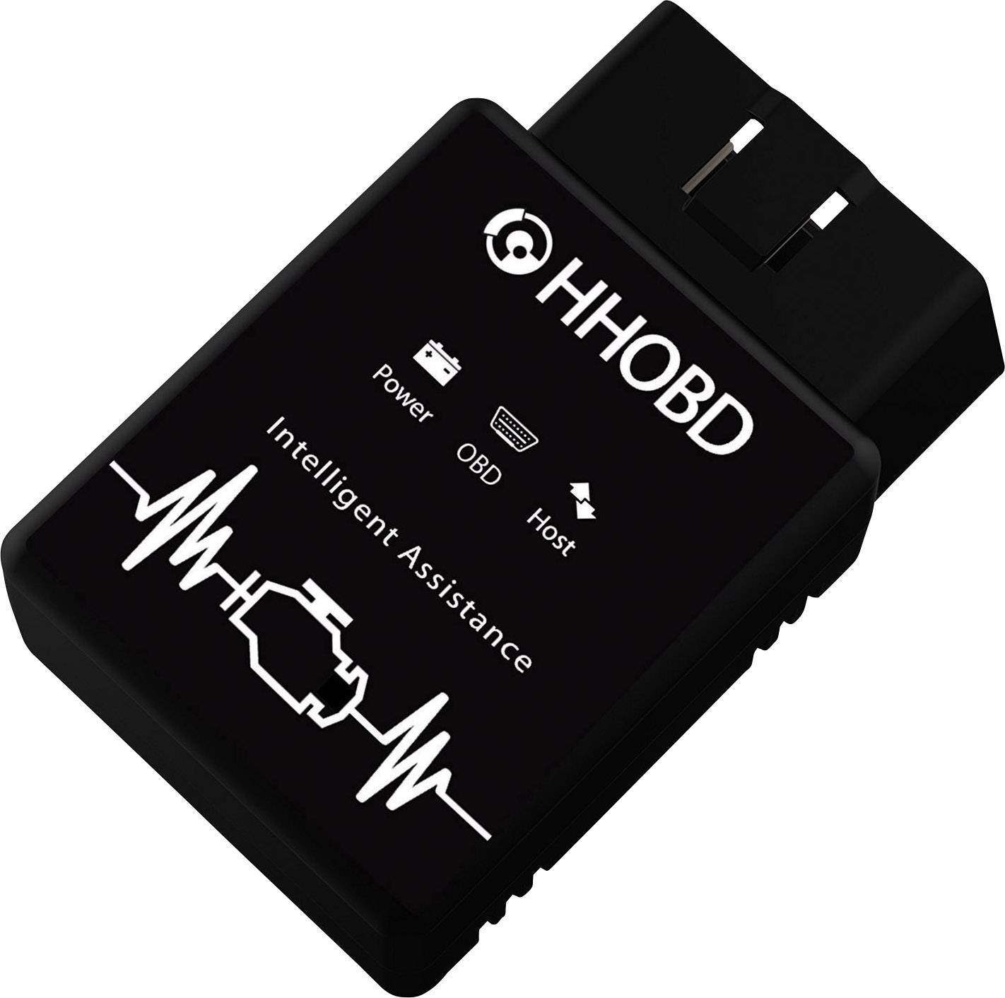 Černá OBD-II zařízení s nápisem 'HHOBD Inteligentní asistence', obrysem motoru a LED diodami indikujícími napájení, OBD a hostitelské připojení.