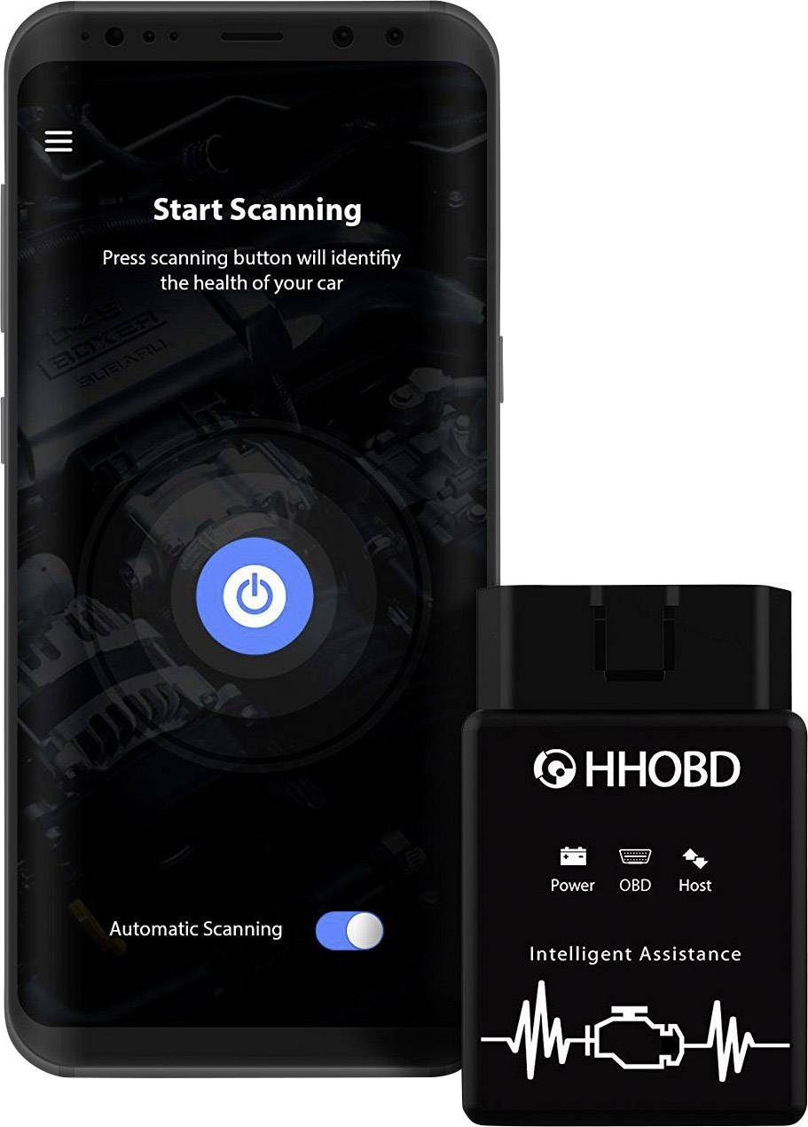 Smartphone zobrazuje uživatelské rozhraní diagnostické aplikace pro vozidla s tlačítkem skenování. Vedle něj je umístěn diagnostický přístroj OBD.