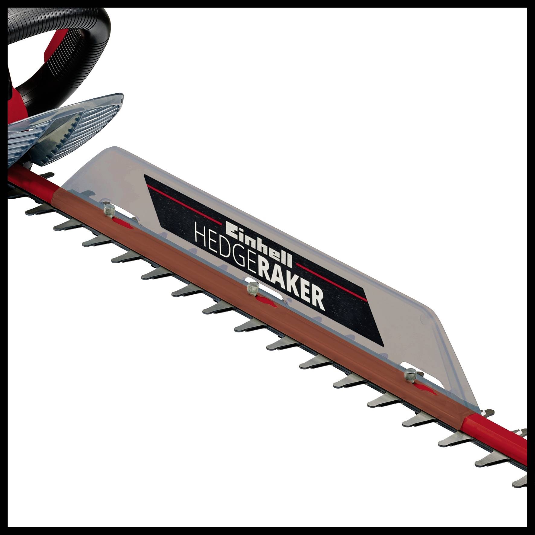 Logo 'Einhell HEDGE RAKE' na plotostřihu s bílými zuby a červeným ochranným štítem.