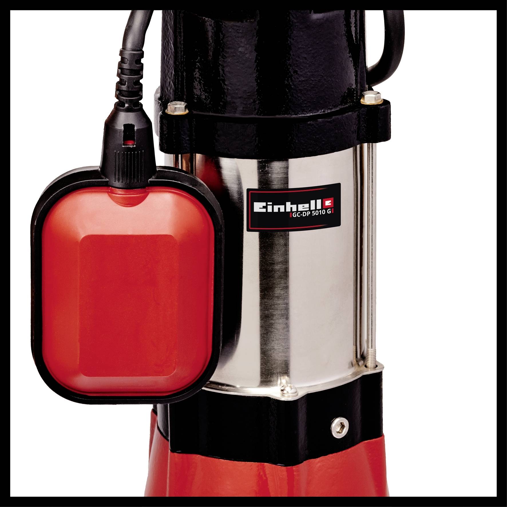 Ponorné čerpadlo Einhell GC-DP 5010 G s červeným plovoucím spínačem a černým tělem, vhodné pro odčerpávání vody.