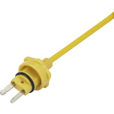 Žlutý elektrický kabel s dvoupólovým konektorem, vhodný pro venkovní použití nebo do náročných prostředí.