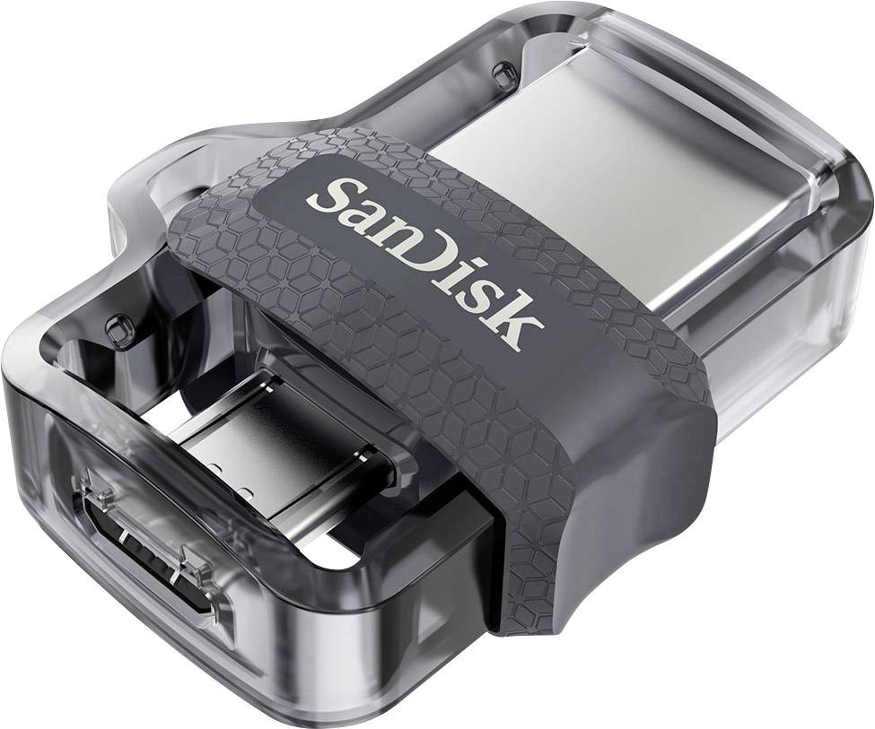 USB flash disk značky SanDisk, šedé a průsvitné barvy, s USB a micro USB konektorem pro přenos dat.