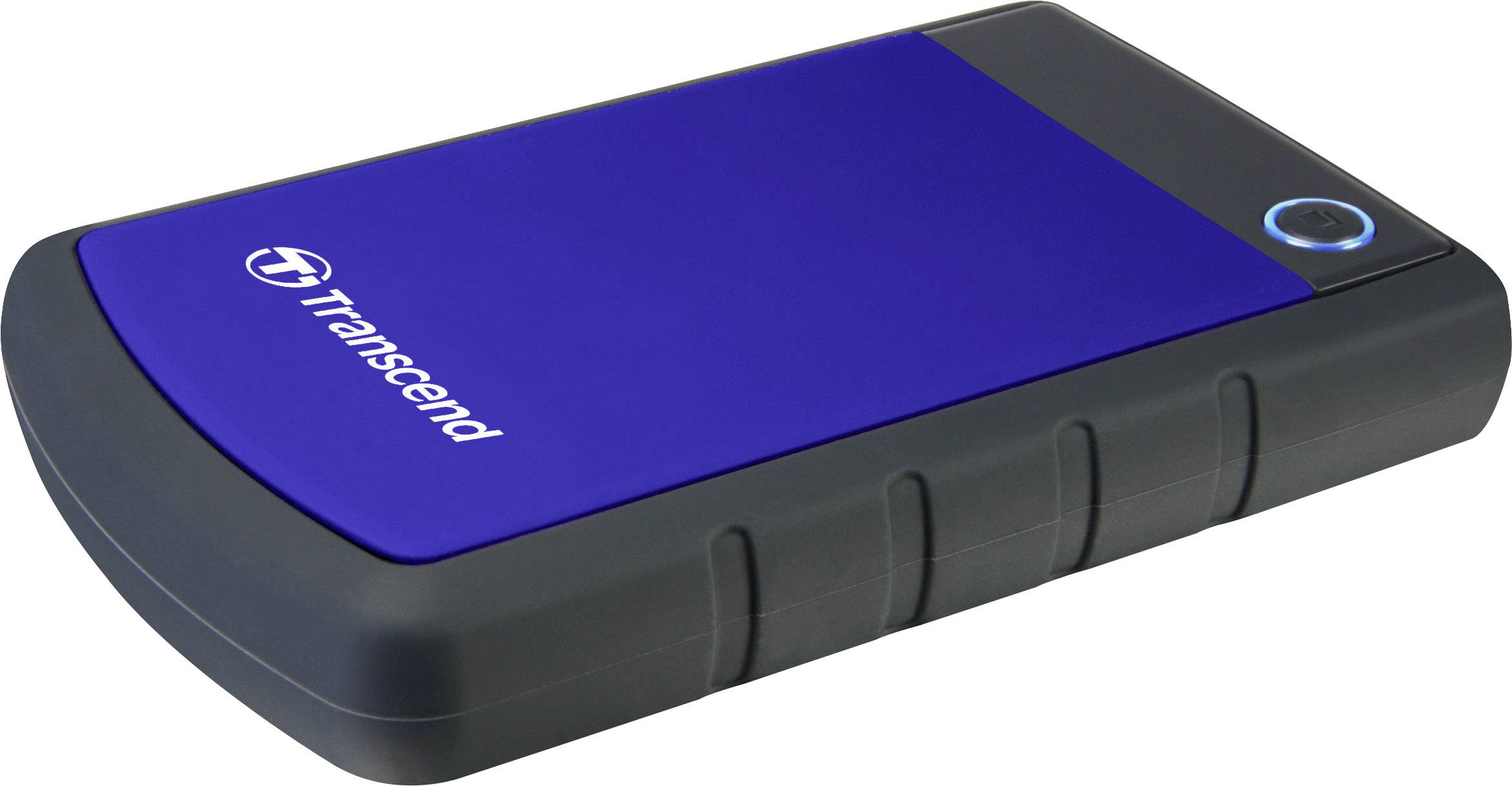 Externí modrý externí hard disk se zaoblenými rohy a černým okrajem. Logo značky viditelné na povrchu.