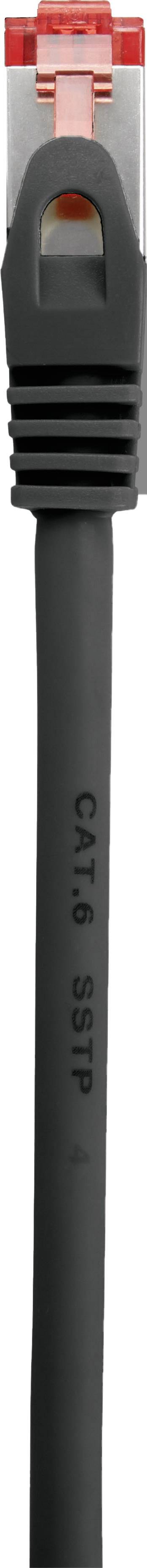 Černý síťový kabel s červeným aretačním klipem konektoru, vhodný pro připojení CAT6 STP.
