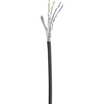 Černý kabel obalený pláštěm s několika barevnými vodiči: zeleno-bílý, oranžovo-bílý,hnědočervený a modro-bílý, vycházející z kabelu.