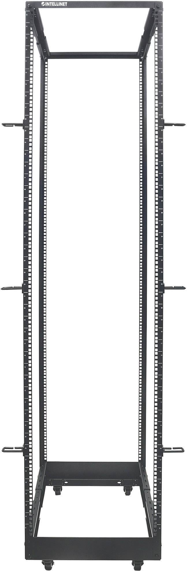 Černý otevřený 4-sloupový rack pro servery nebo síťová zařízení. Má vertikální nosníky a je vhodný pro montáž IT hardwaru.