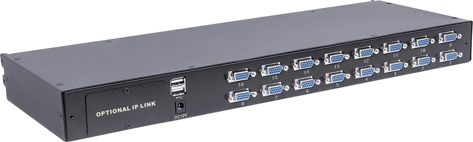 Černý obdélníkový KVM přepínač s 16 VGA porty na přední straně a volitelným připojením IP linky.