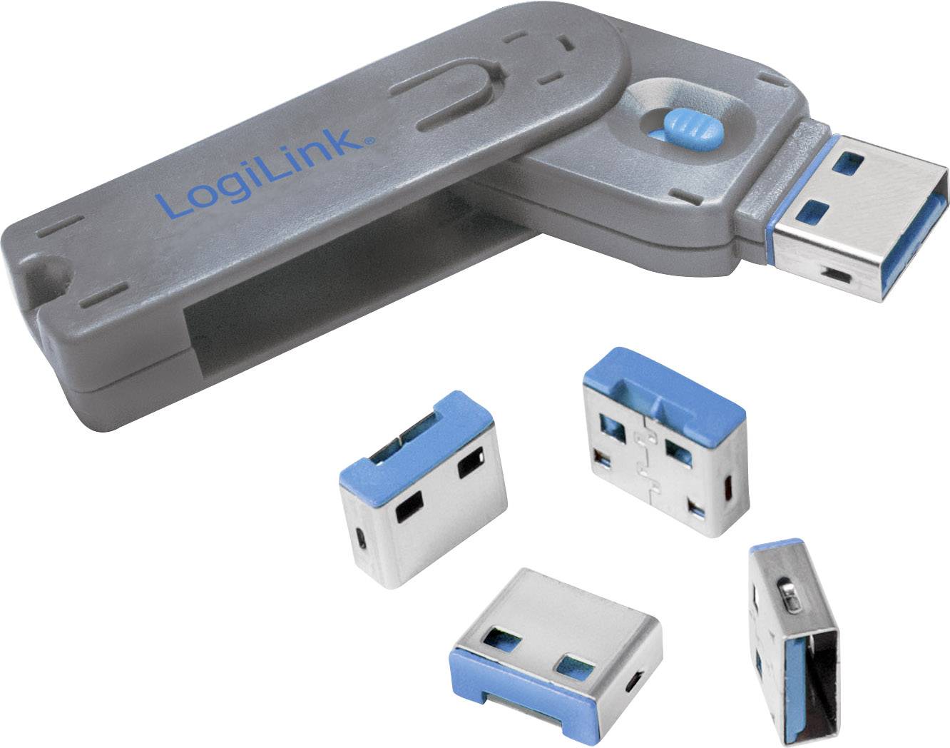 Šedý USB flash disk s nápisem 'LogiLink' a čtyřmi pohledy na USB adaptéry v modré a stříbrné barvě, které ukazují různé možnosti připojení.