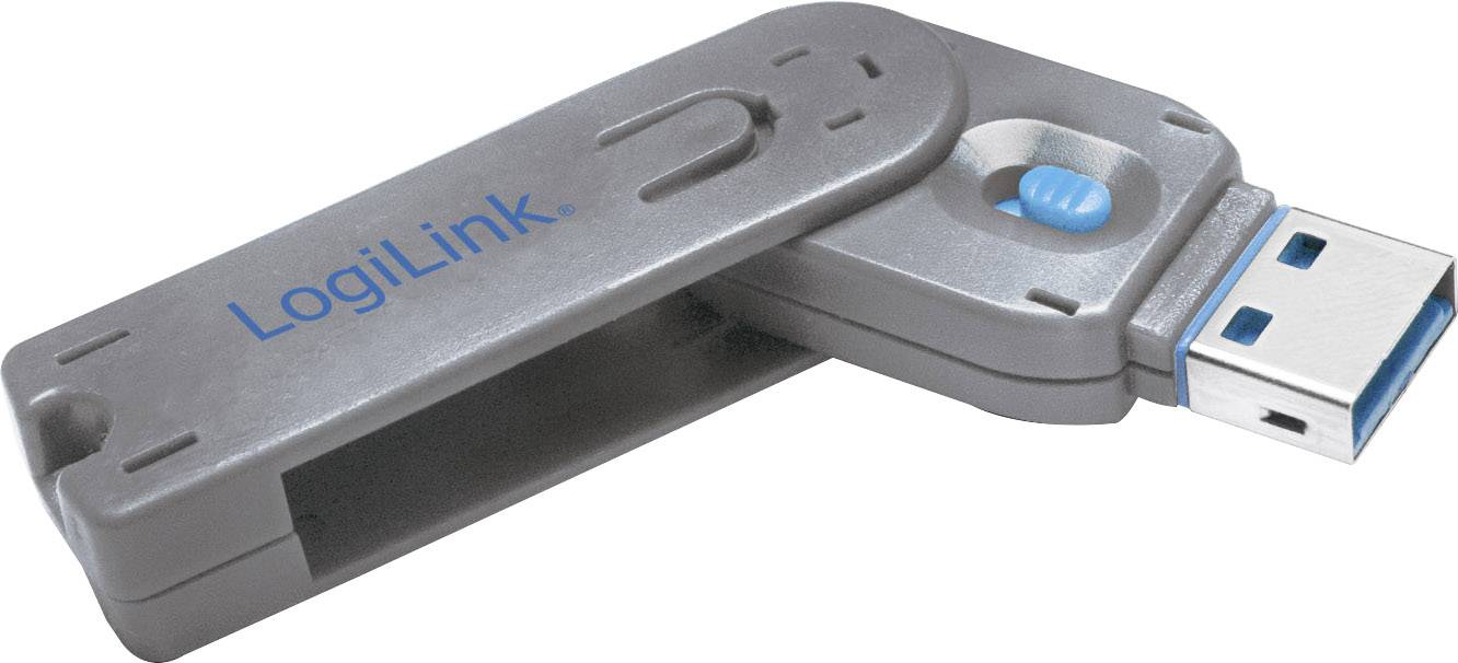 Šedý, otočný USB flash disk s nápisem 'LogiLink' v modré barvě, vhodný pro přenos a ukládání dat.