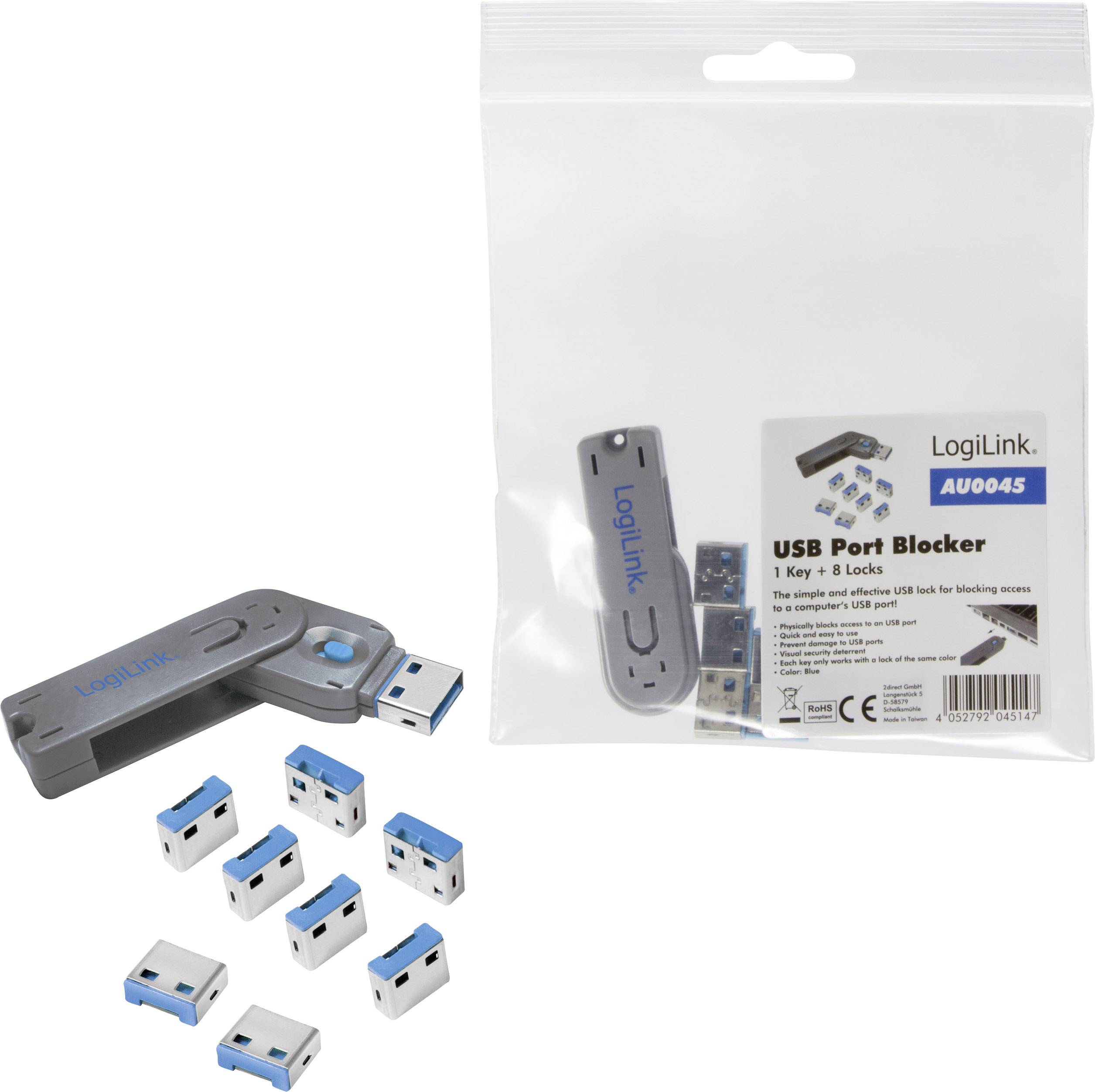USB port zámek od LogiLink, model AU0045, skládající se z jednoho klíče a několika zámků pro blokování USB portů. Balení a produkt jsou vyobrazeny.