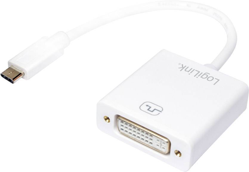 Bílý adaptér USB-C na DVI od značky 'LogiLink' s krátkým kabelem. Používá se pro připojení zařízení k DVI displejům.