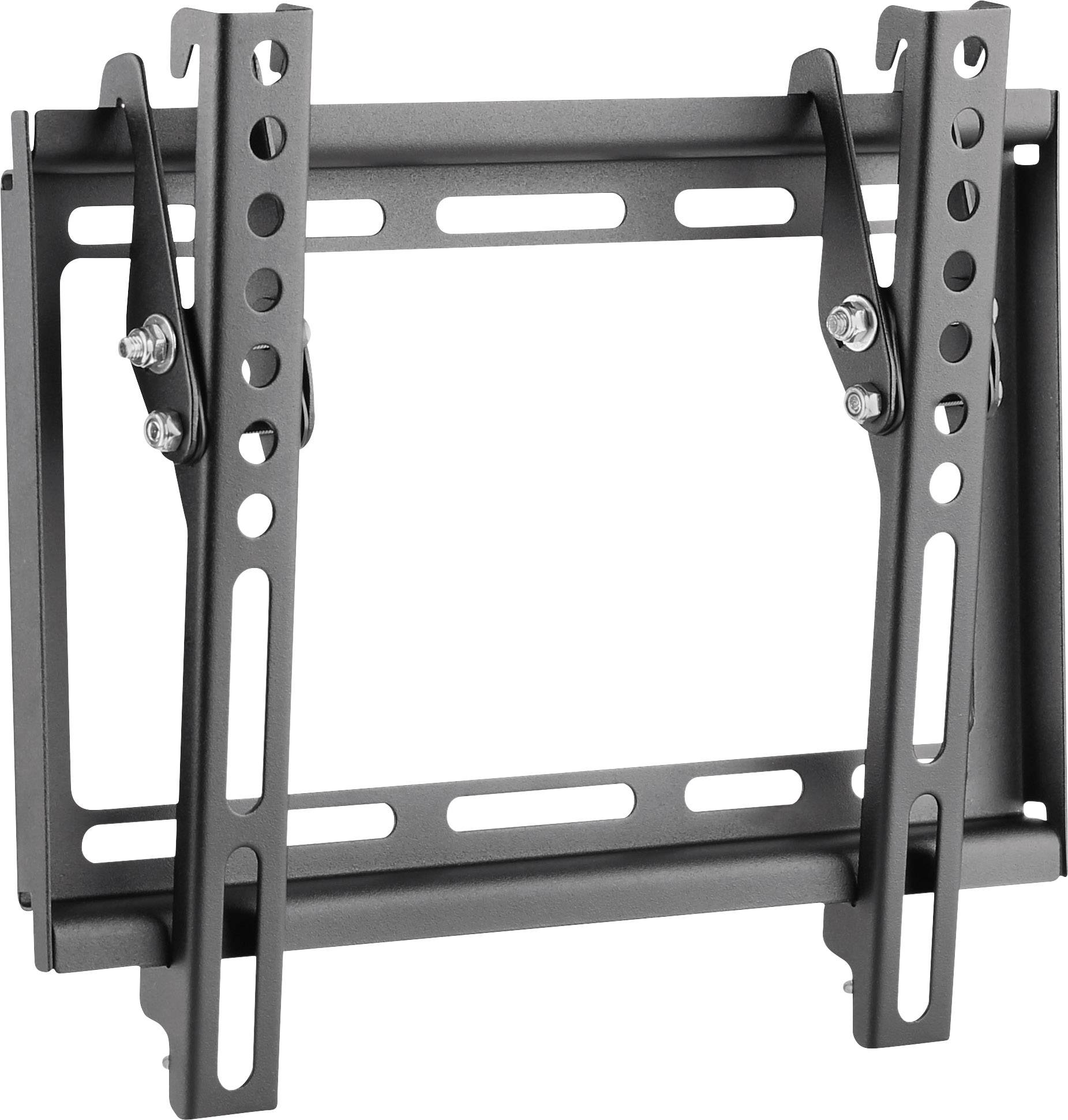Černý nástěnný držák na televizi z kovu s nastavitelnými rameny a upevňovacími lištami pro instalaci televizoru.