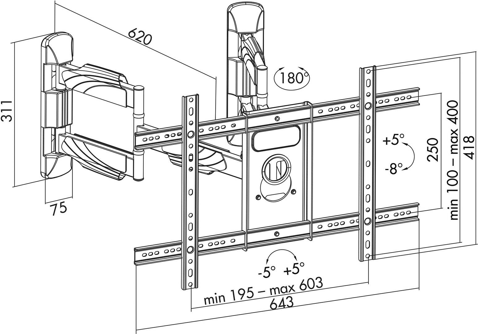 Diagram nastavitelného držáku televizoru na stěnu s různými rozměry a úhly náklonu. Zobrazuje maximální a minimální vzdálenosti.