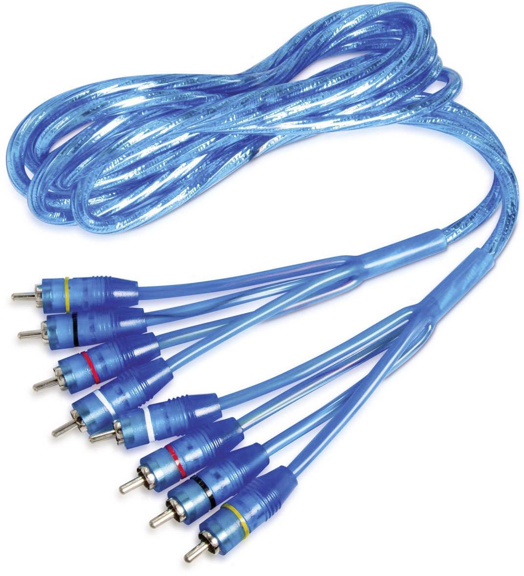 Modré RCA audio/video kabel s několika konektory. Vhodný pro audio a video připojení, šest barevně rozlišených konektorů na každém konci.