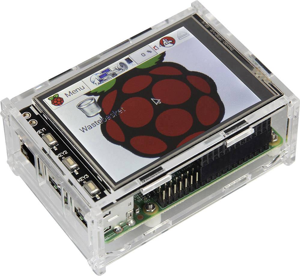 Průhledná krabice obsahuje malý počítač s dotykovým displejem, na kterém je zobrazen logotyp Raspberry Pi.