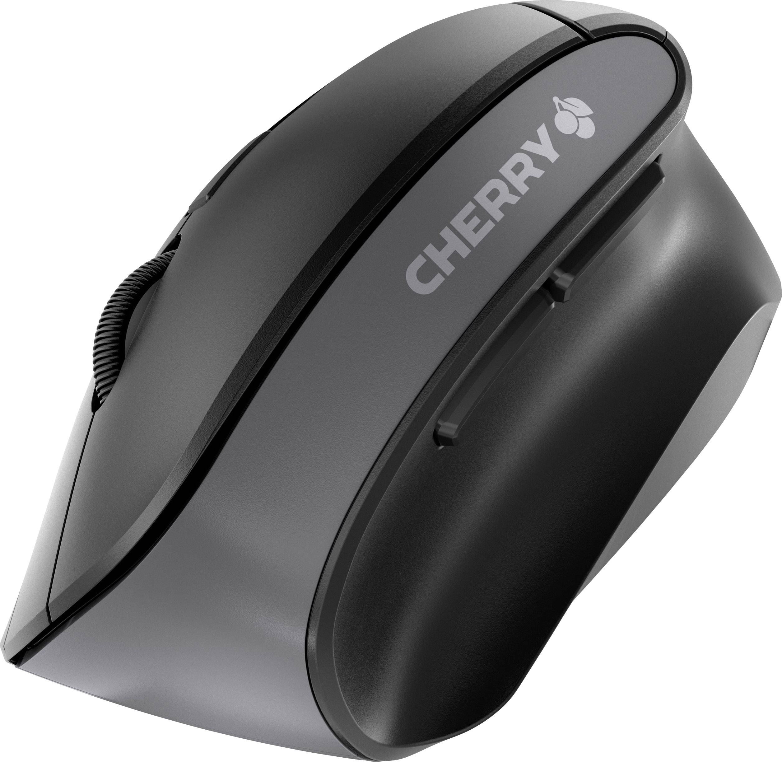 Černá ergonomická počítačová myš značky 'Cherry' s vertikálním designem, ideální pro odlehčení zápěstí při dlouhodobém používání.
