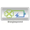 Symbol se čtyřlístkem a baterií, které jsou propojeny bleskem. Pod ním je nápis „Úsporné energie".