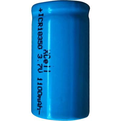 Modrá válcovitá baterie s nápisem 'xCell 1 CR18350 3.7V 1100mAh', pravděpodobně dobíjecí akumulátor.