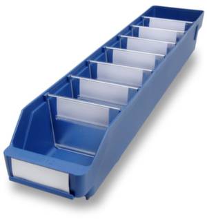 Modrý skladovací box s několika přihrádkami pro organizaci malých předmětů. Vhodný do dílen nebo skladovacích prostor.