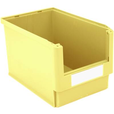 Žlutý plastový úložný box, otevřený z jedné strany, vhodný pro vrstvení a organizaci materiálů.