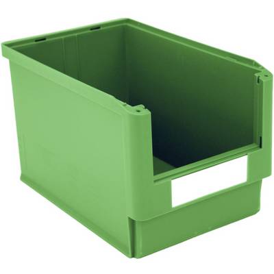 Zelený plastový box s otevřeným horním víkem a obdélníkovým výřezem na přední straně. Ideální pro skladování nebo organizaci.