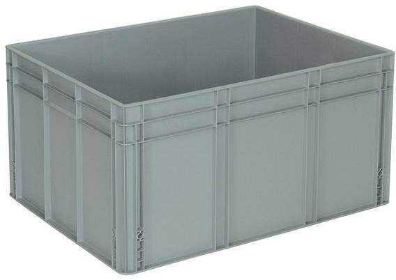 Šedý plastový kontejner obdélníkového tvaru se zpevněnými hranami. Vhodný pro přepravu nebo skladování zboží nebo materiálů.