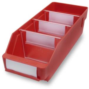 Červený plastový box se třemi průhlednými přepážkami pro organizaci drobných součástek. Ideální do skladu nebo dílny.