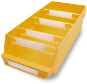 Žlutý úložný box s několika průhlednými přepážkami, ideální pro organizaci drobných předmětů nebo nástrojů.
