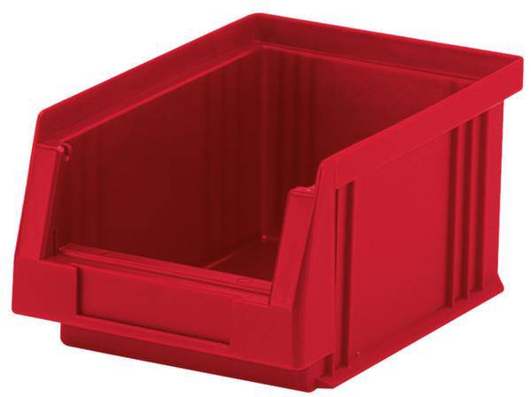 Červený plastový úložný box s otevřenou přední stranou, vhodný pro skladování malých dílů nebo materiálů.