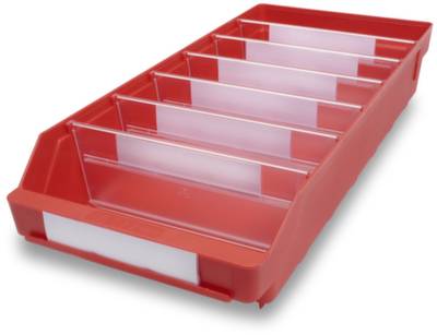 Červený organizační box s několika vejířovitě rozdělenými přihrádkami, který slouží k uspořádání předmětů.