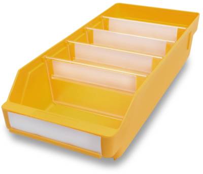 Žlutý úložný box se čtyřmi průhlednými přepážkami, vhodný pro organizaci menších předmětů v kanceláři nebo domácnosti.