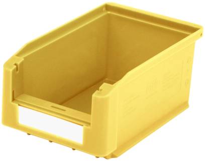 Žlutý plastový box, obdélníkový, s otevřeným předním prostorem a rukojetí. Ideální pro ukládání menších předmětů do polic.