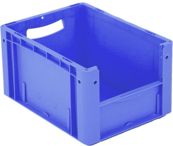 Modrý plastový box s držadlem, prázdný.