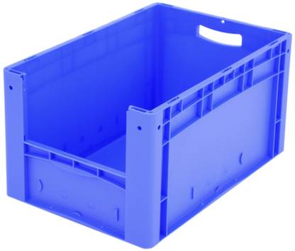Modrá plastová přepravní bedna obdélníkového tvaru s otevřeným víkem, vhodná pro přepravu nebo uskladnění předmětů.