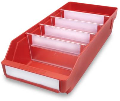 Červený plastový úložný box se čtyřmi průhlednými přepážkami, vhodný pro organizaci malých předmětů.
