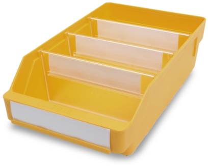 Žlutý třídící box se třemi průhlednými přepážkami pro organizaci předmětů.