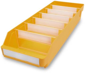 Žlutý úložný box s šesti přihrádkami; ideální pro organizaci malých předmětů. Průhledné přepážky zlepšují viditelnost.