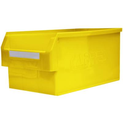 Žlutý úložný box s držadlem a držákem štítku, vhodný pro ukládání a organizaci předmětů.
