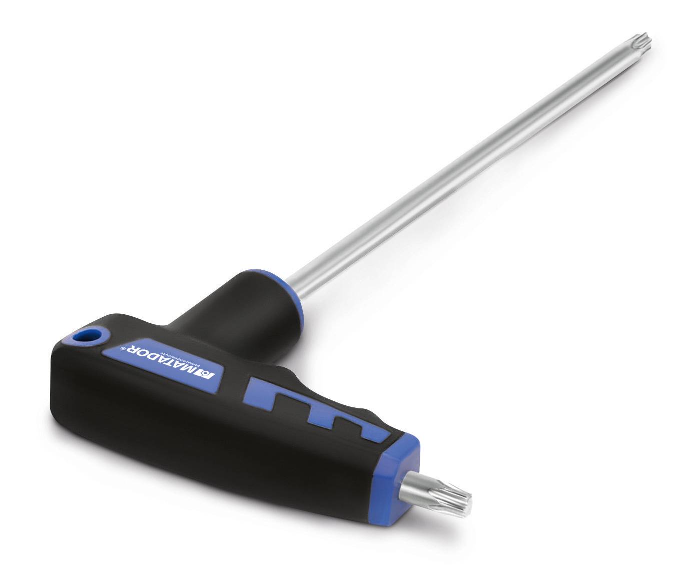 Šroubovák ve tvaru T s dlouhým dříkem a značkovým názvem na rukojeti, vhodný pro šrouby Torx.