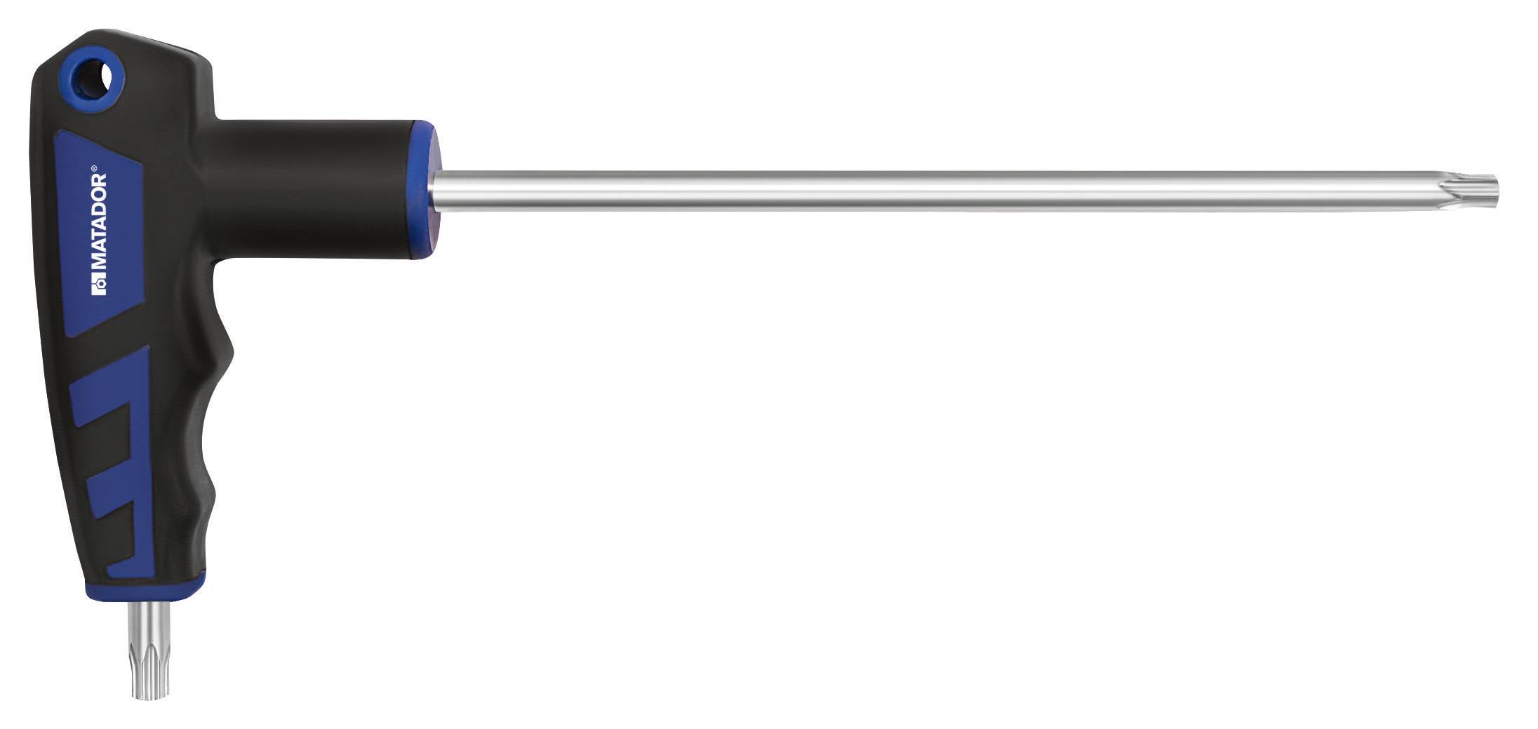 Šroubovák s T-rukojetí, černou rukojetí a dlouhým stříbrným dříkem. Vhodný pro šrouby v obtížně dostupných místech.