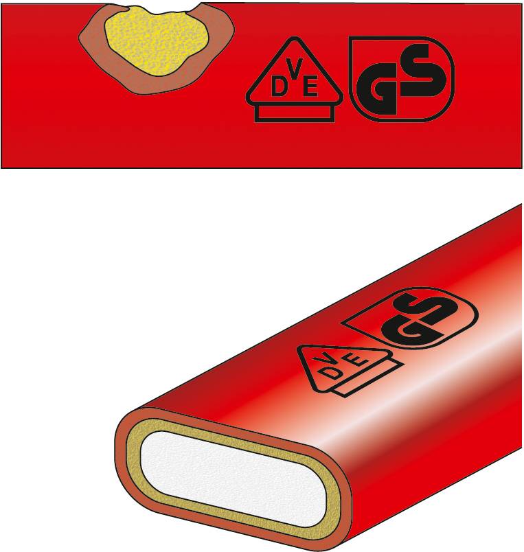 Mezivrstvový izolační materiál kabelového pláště s VDE a GS certifikáty na červeném pozadí. Zobrazuje strukturu kabelu.
