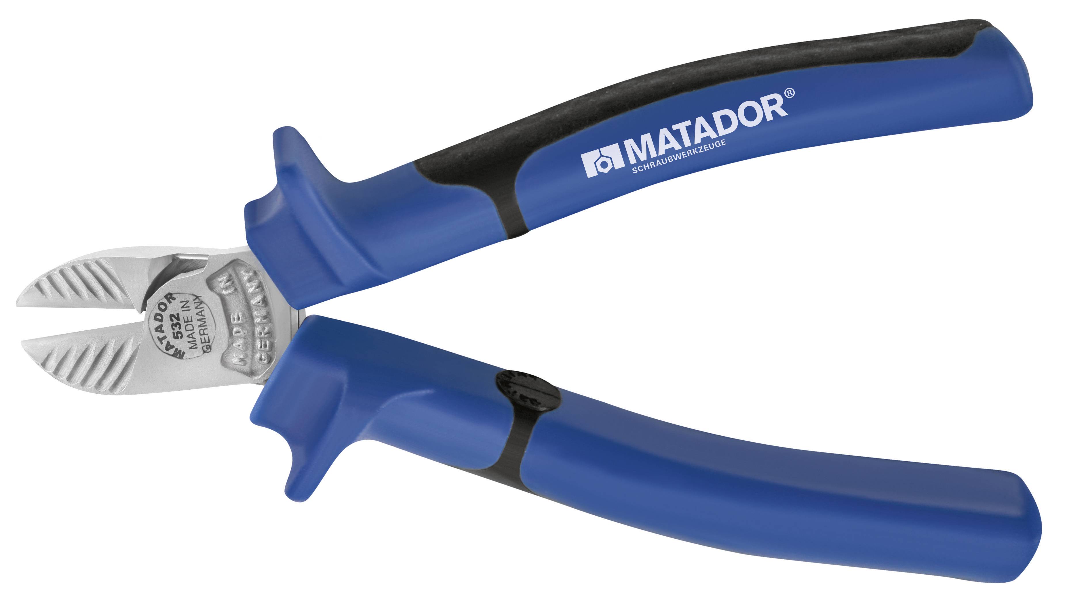 Modrý boční štípací kleště Matador s ergonomickými rukojeťmi. Vhodné pro přesné stříhání drátů a kabelů.