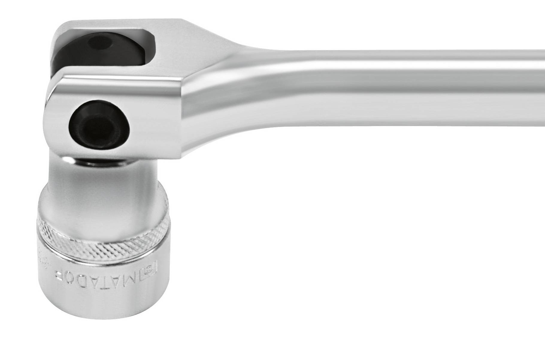 Stříbrný kloubový klíč s otočnou hlavou a kulatým nástavcem pro nástrčné klíče, používaný pro mechanické práce.