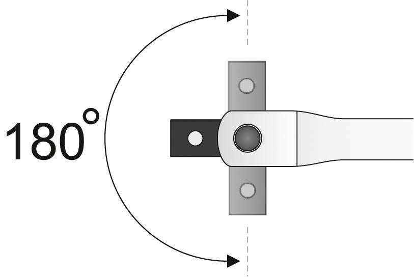 Diagram znázorňuje kloub s rotačním pohybem. Šipka a '180°' ukazují maximální úhel otevření.