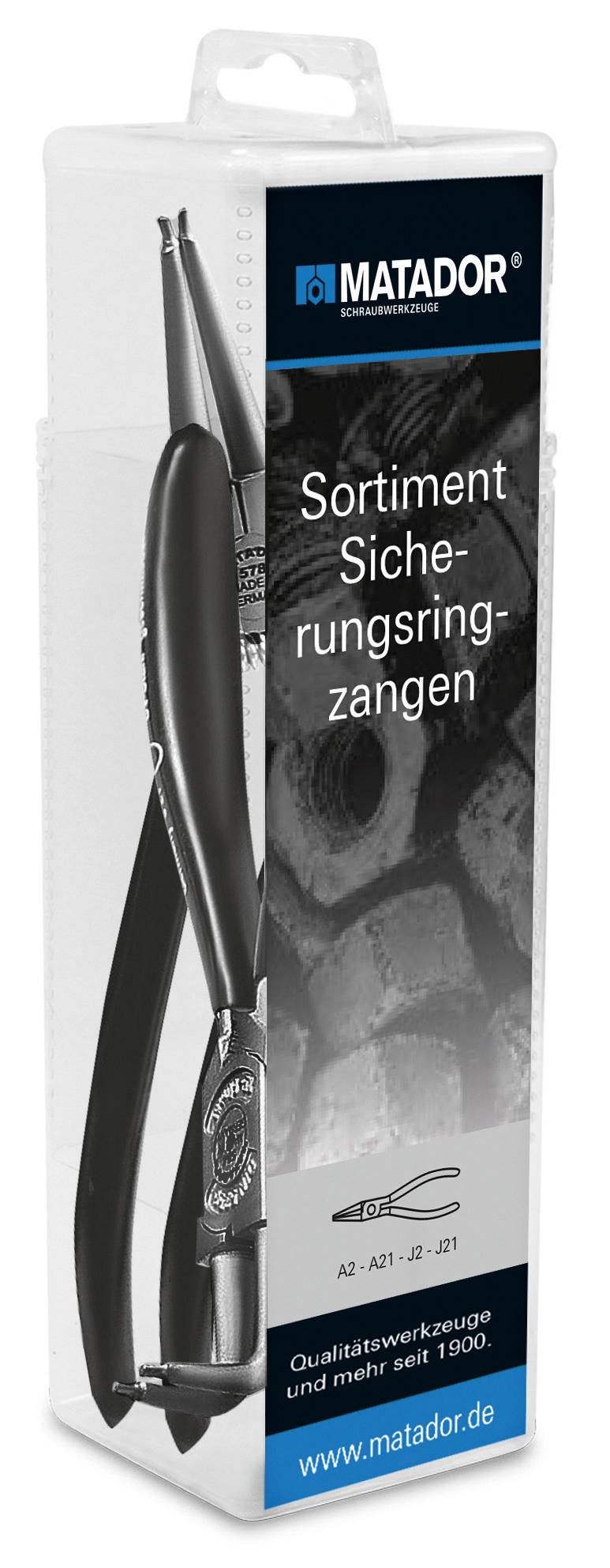 Balení kleští na pojistné kroužky značky Matador. Text: 'Sortiment kleští na pojistné kroužky'. Logo Matadoru a webová adresa.