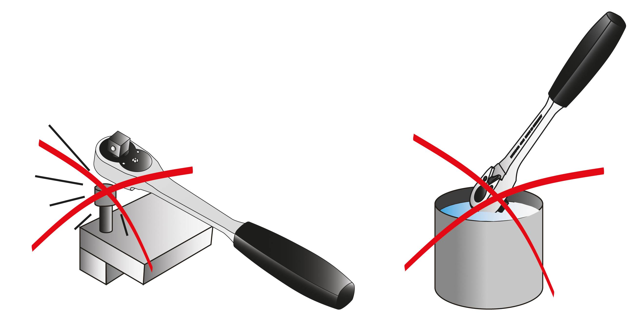 Ráčnový nástroj je používán nesprávně: Na levé straně je aplikován na hlavě šroubu, vpravo na kulatém objektu. Červené křížky označují nesprávné použití.