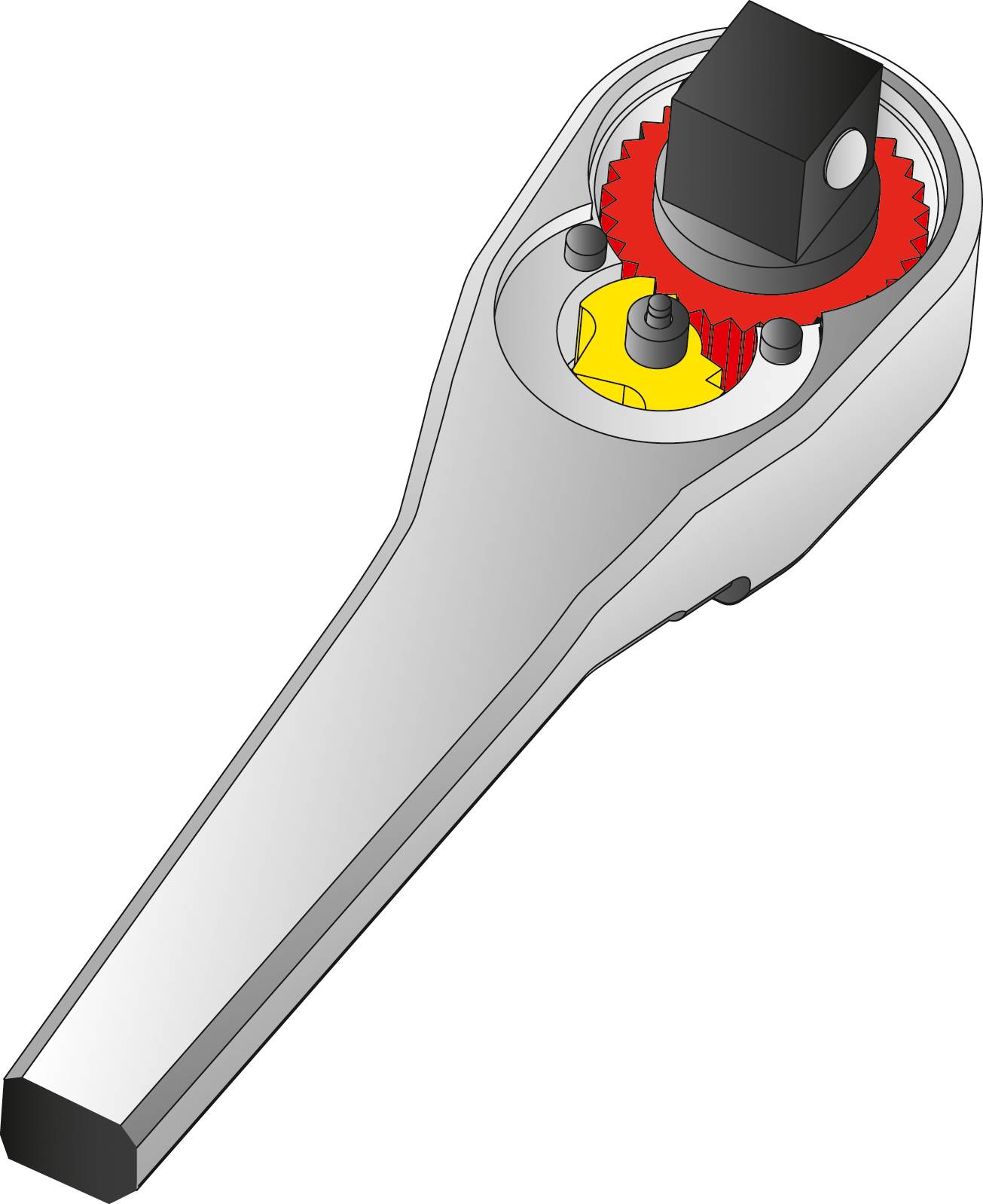 Schematický nákres ozubeného kola ukazuje vnitřní ozubení a mechanismus.