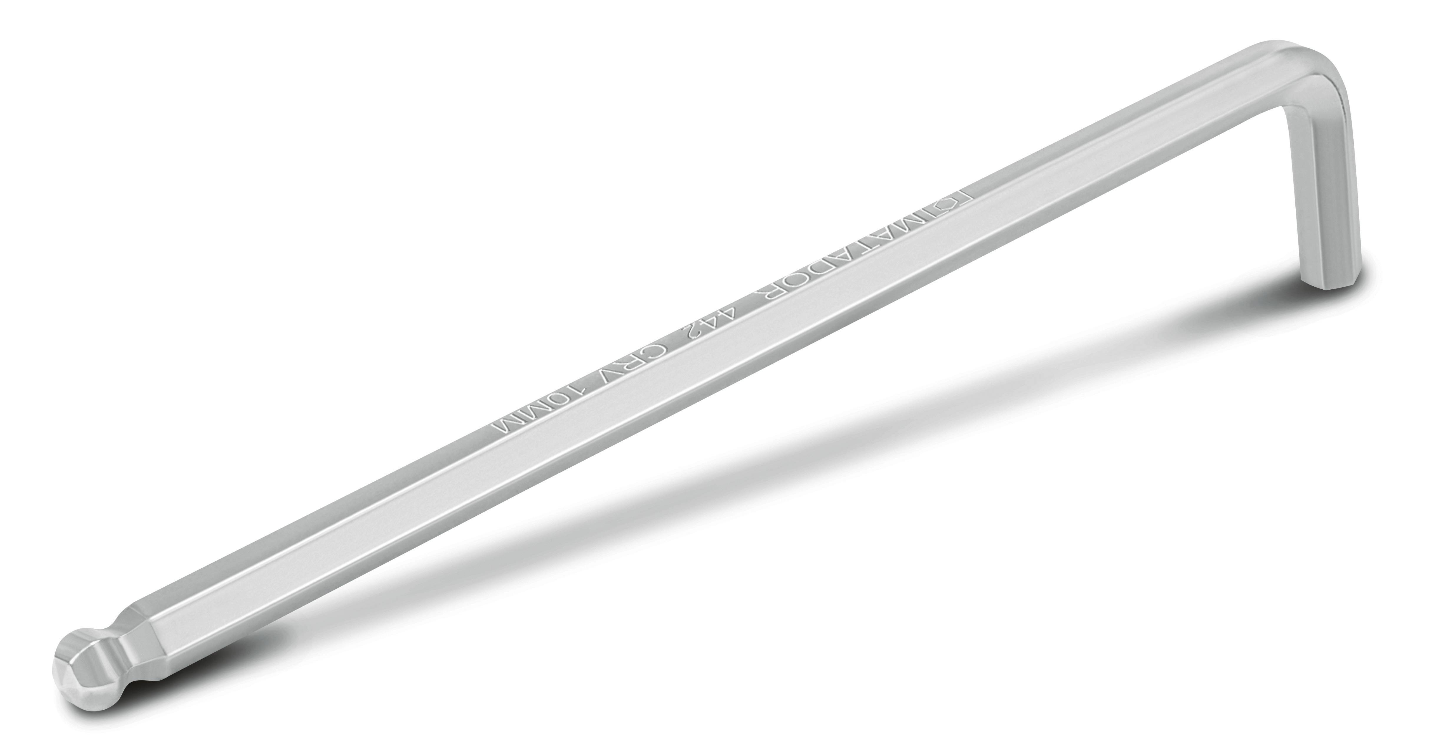 Stříbrný úhlový klíč s kulatým koncem rukojeti, používaný pro utahování a povolování šestihranných šroubů.
