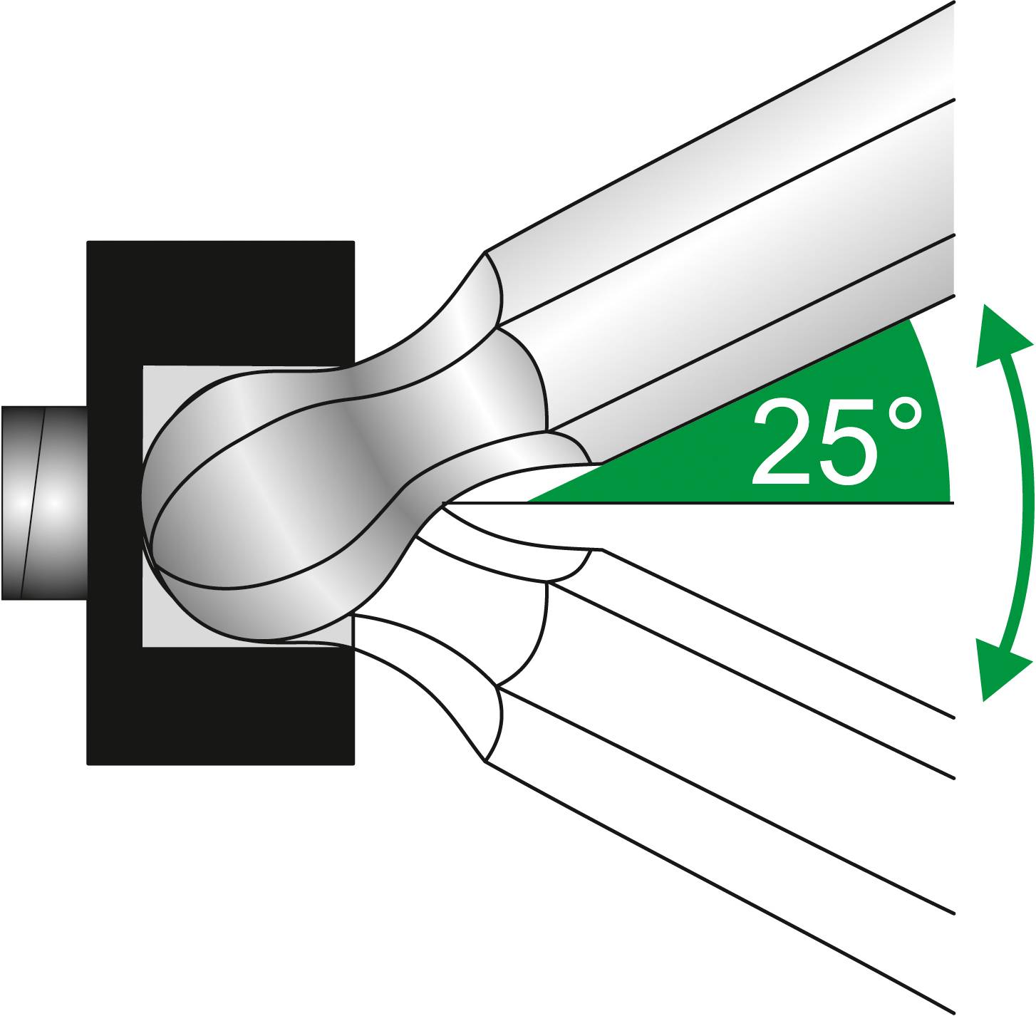 Diagram ohýbacího procesu kovu, kde je trubka ohýbána v úhlu 25 stupňů. Ohýbací proces je znázorněn pákou.